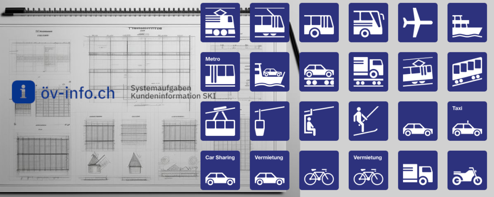 Ein Bild, welches das Logo von öv-info.ch und Piktogramme der Verkehrsmittel zeigt. Im Hintergrund sind unleserliche Tabellen. Mithilfe eines AI-Bildprogrammes erstellt. 