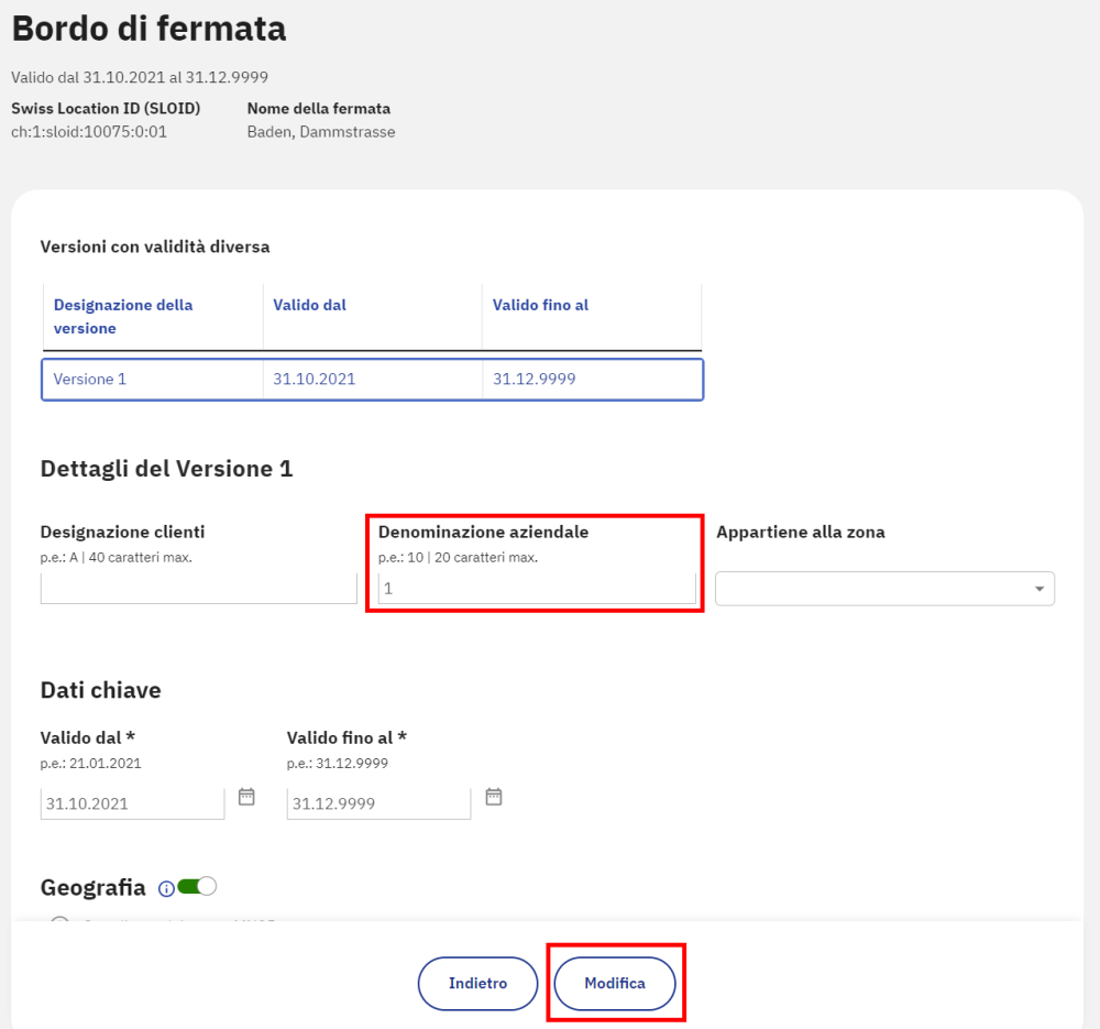 Visualizza in atlas come si può modificare la designazione operativa di un bordo di fermata.